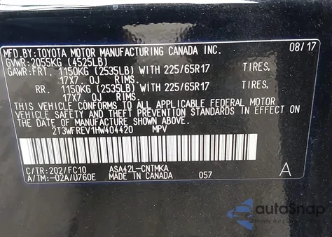 2017 Toyota Rav4 Xle from USA, damaged, VIN 2T3WFREV1HW404420